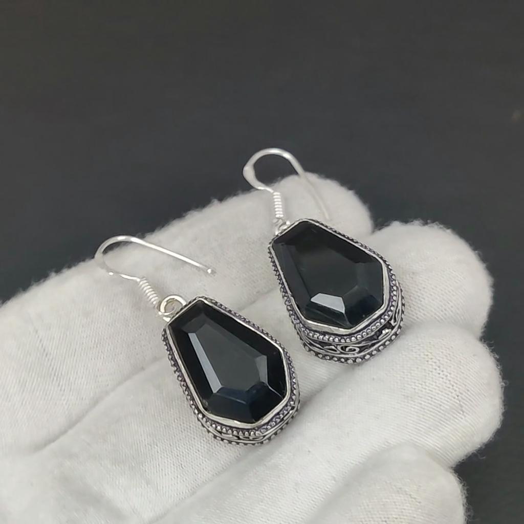 Unique Black Spinel Coffin Gemstone Earrings, 925 Sterling Silver Earring, Handmade Boho Silver Jewelry Dangle Earrings, Thanksgiving Gifts