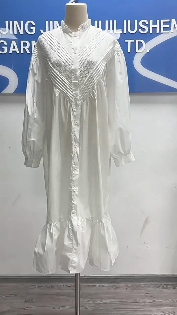 Johnature Fall Korean Pleated Lace Stitching Vintage Simple Lace Stitching Women Dress