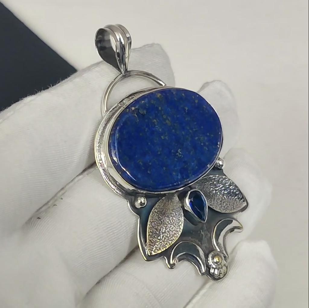Натуральный лазурит, драгоценный камень синий сапфир, серебряный кулон из стерлингового серебра 925 пробы - Дизайн ручной работы, Украшение для повседневной носки, Уникальный подарок-кулон
