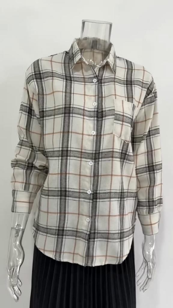 Qooth Женская осенне-зимняя клетчатая блузка в стиле ретро, элегантная свободная рубашка с длинным рукавом, пальто QT1910