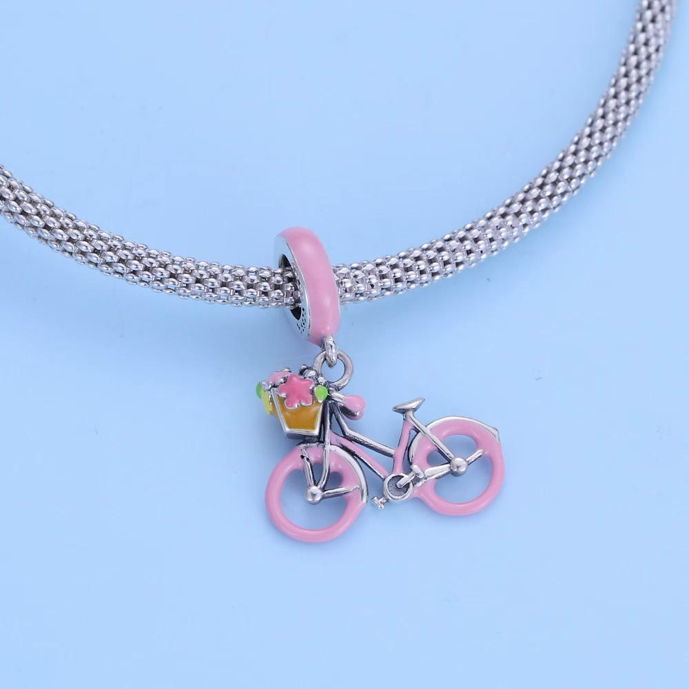 WOSTU Эмалированные мультяшные реалистичные розовые бусины из стерлингового серебра 925 пробы для девочек, подходят для браслета, ювелирные украшения