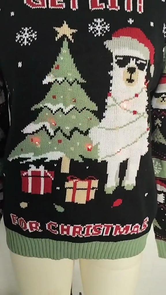 BITCED Women's Autumn/Winter LED Light-Up Alpaca Jacquard Oversized Pullover Christmas Sweater