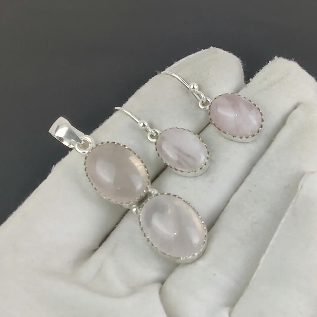 Natural Rose Quartz Pendant Set, Rose Quartz Gemstone Handmade 925 Sterling Silver Earring Pendant Set For Women Pendant Party Wear Gift