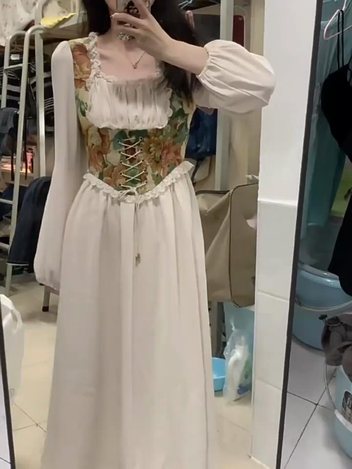 French Retro Palace Style Fake Two Piece Dress Women Vintage Long Sleeved Party Long Dresses Female Casual High Waist Fashion Slim Clothing