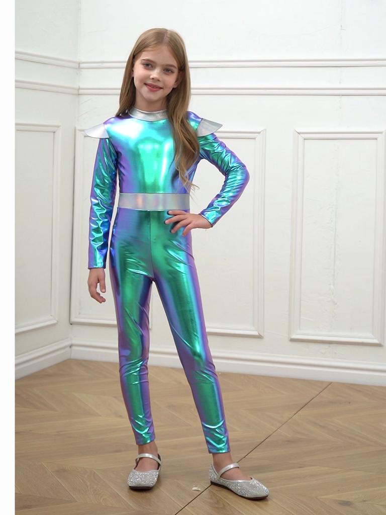 Girls Alien Cosplay Costume Space Astronaut Robot Jumpsuit Long Sleeve Shiny Metallic Bodysuit For Halloween Christmas Dress Up