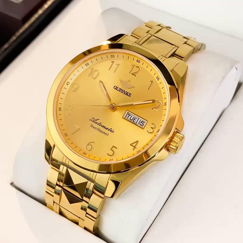 OUPINKE Men's Watch Automatic Mechanical Watch Stainless Steel Business Double Calendar Anti-high-end Watch