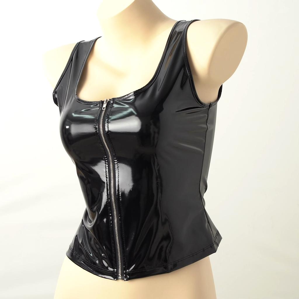Womens Fashion Zipper Patent Leather Tank Top Wet Look Clubwear Festival Clothing Pole Dance Rave Outfit