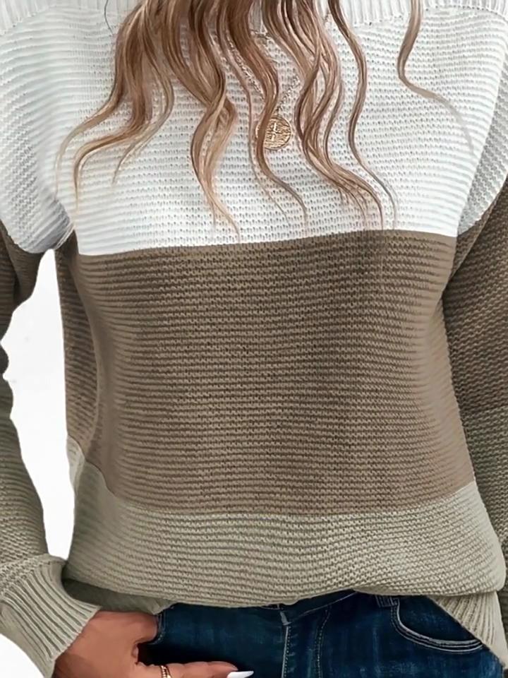 Autumn and Winter Knitted Sweater Women's Contrasting Color Spliced Round Neck Long Sleeved Pullover Top