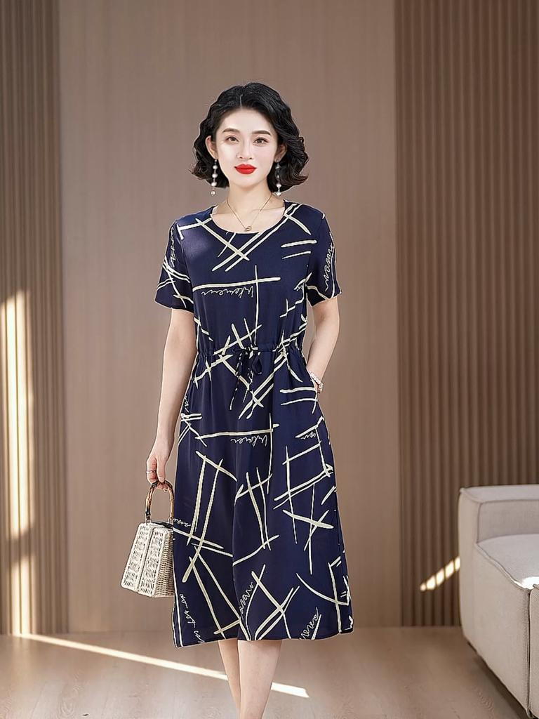 Plus Size Casual Summer Women's Dresses Elegant Slim Short Sleeve Vintage Print Long Dress Female Summer Clothes