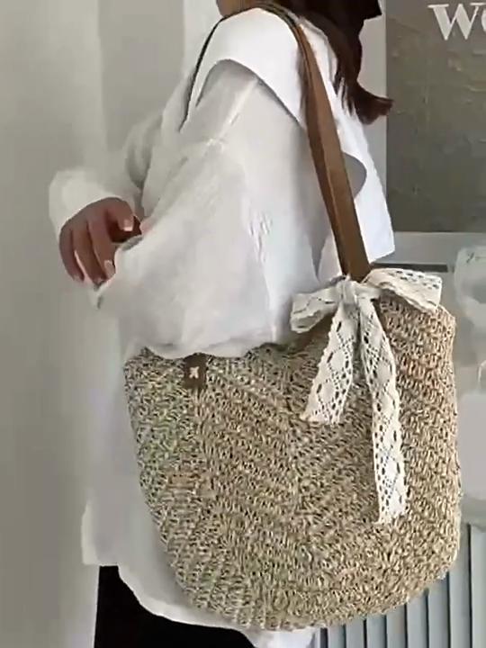Simple Solid Color Large Capacity Women Casual Woven Tote Bag For Daily Use