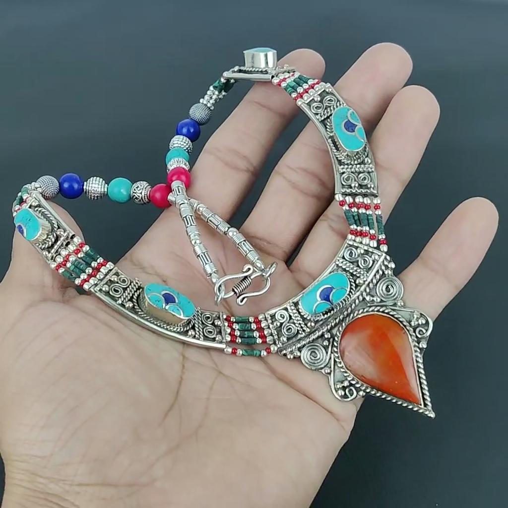 Turquoise, Coral With Lapis Lazuli 925 Sterling Silver Necklace Tibetan Silver Necklace Bohemian Antique Necklace Handmade Jewelry Nepali Necklace