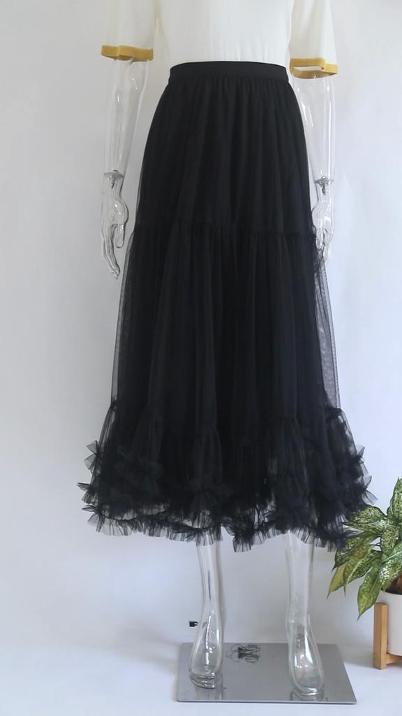 Qooth Women Sweet Tulle Cake Mesh Skirt Elegant Elastic Waist Fairy Long A-line Tutu Skirt With Big Swing For All Season QT2227