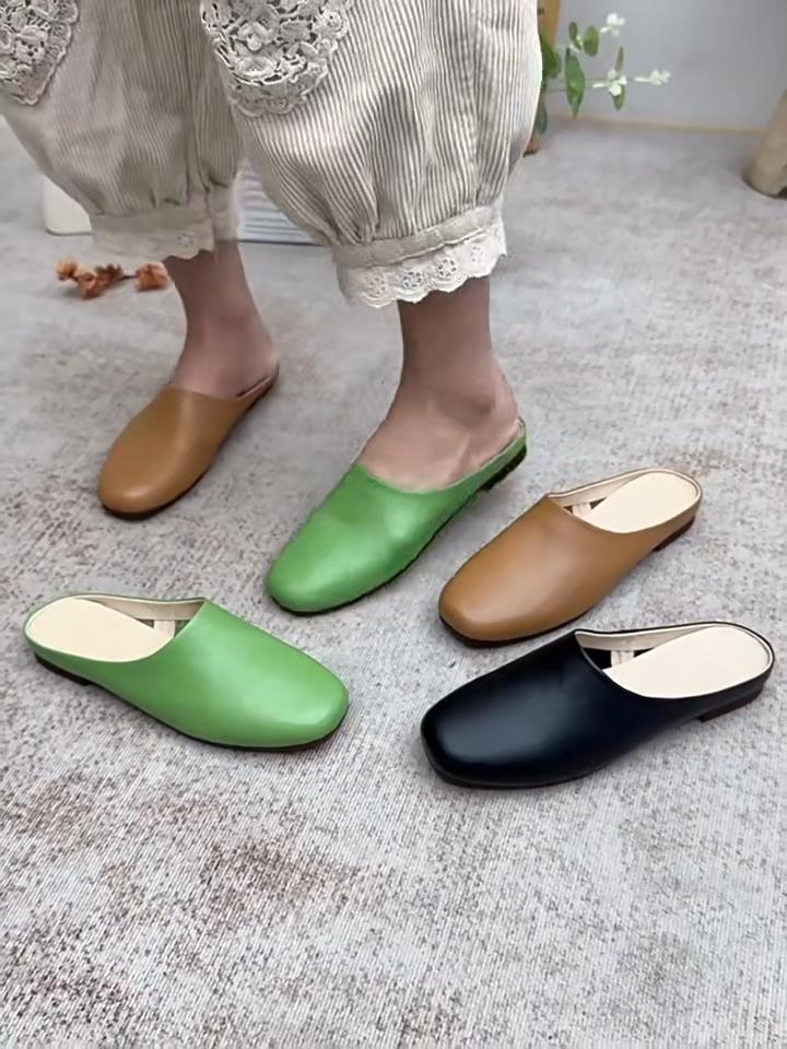 Johnature Женские тапочки из натуральной кожи, ручная работа, однотонные, мягкие, из воловьей кожи, плоские, для отдыха на открытом воздухе