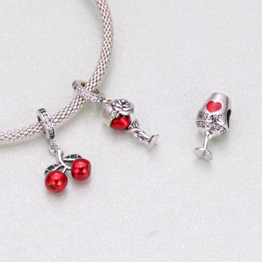 BAMOER модный кулон из стерлингового серебра 925 пробы с фруктами и красной эмалью вишни, подвеска, подходящий для женщин, браслеты