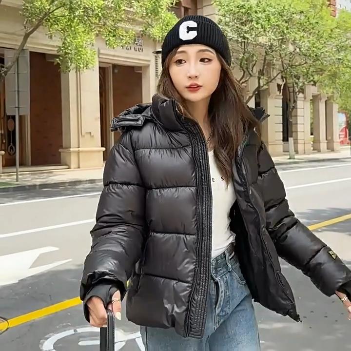 Women's Hooded Down Jacket Black Gold Cotton Coat Winter Loose Fashionable Thick Cotton Jacket