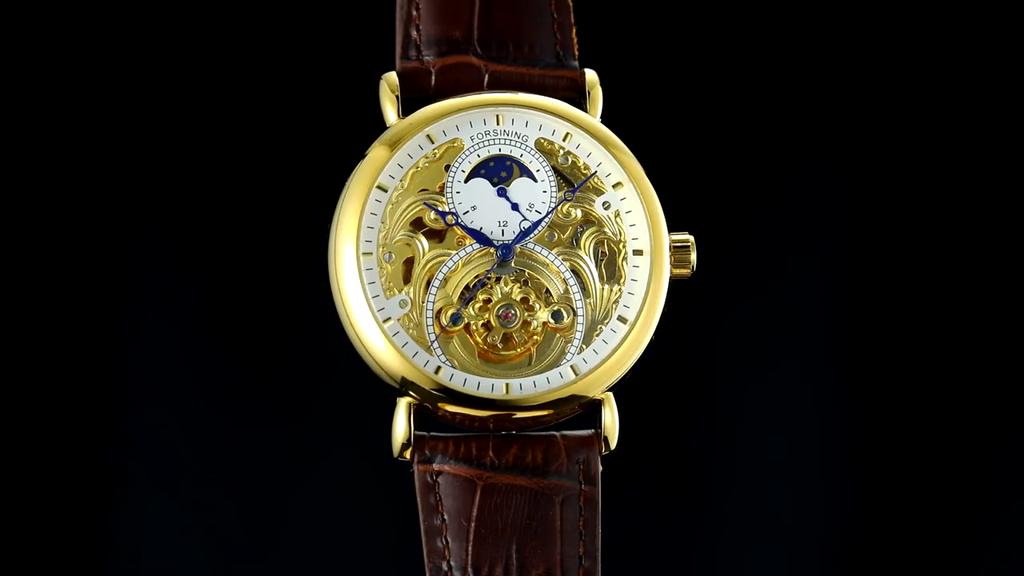 Forsining Men's Fashion Casual Hollow Moon Phase Carved Hollow Automatic Mechanical Watch