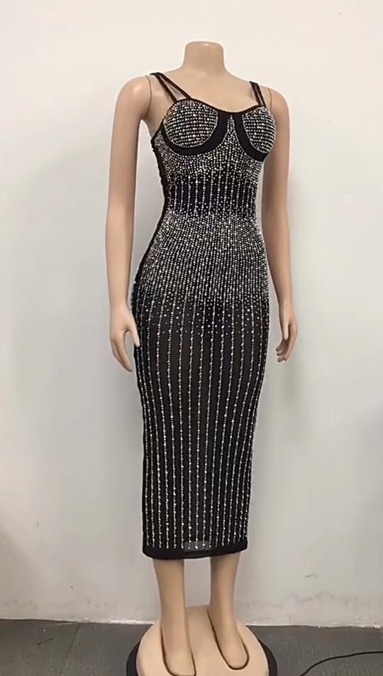 Sexy Sequin Glitter Crystal Midi Dress Women Sleeveless Strap Bodycon Club Dresses Plus Size Evening Mermaid Dresses