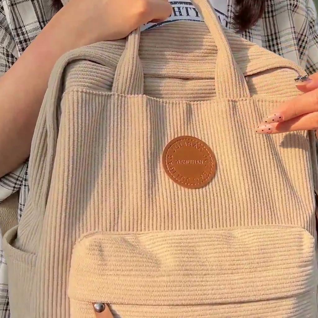Women Corduroy Backpack Student School Bag Retro Class Book Backpack
