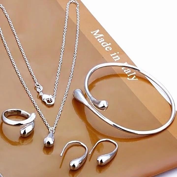 Fashion Jewelry Set For Women S925 Silver Needle Earrings Ring Bracelet Set Simple Personality Womens Water Drop Four -Piece Gift