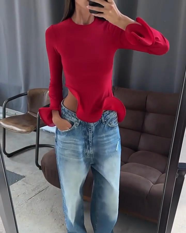 Street Irregular Ruffled Flare Sleeve Casual T-shirt for Women Fashion Elegant O Neck Slim Fit T-Shirt Women Solid Simple Y2K Female Tee Tops 26190