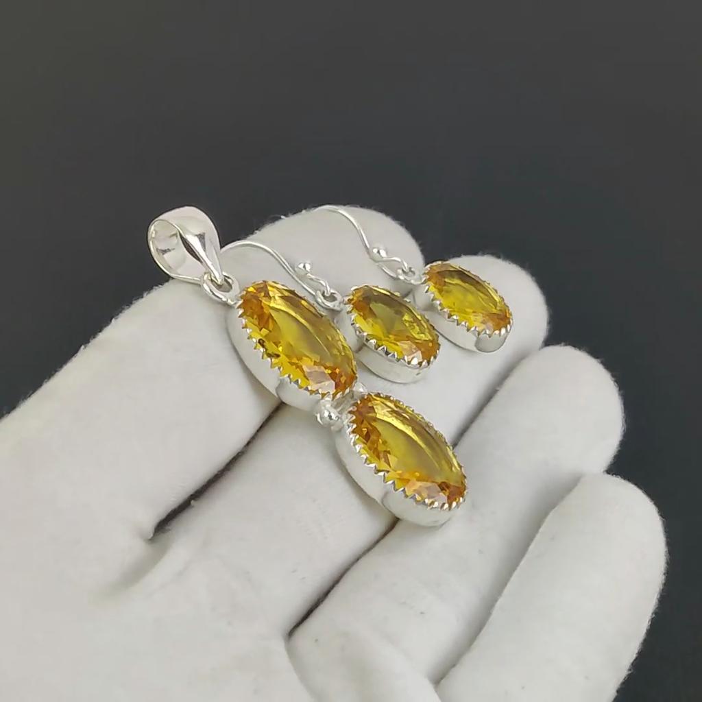 Beautiful Citrine Pendant Set, Citrine Gemstone Handmade 925 Sterling Silver Earring Pendant Set For Women Pendant Birthday Gift