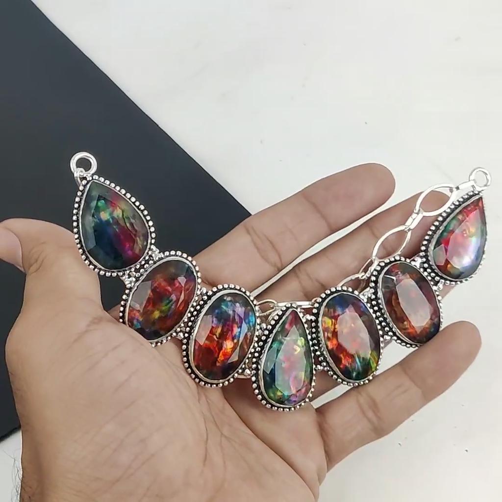 Beautiful Ammolite Gemstone Handmade 925 Sterling Silver Necklace, Ammolite Silver Necklace For Wife, Unisex Necklace, Thanksgiving Gift