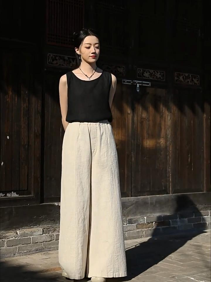 Johnature Women Vintage Wide Leg Pants Patchwork Loose Trousers Summer Solid Color Elastic Waist Long Pants