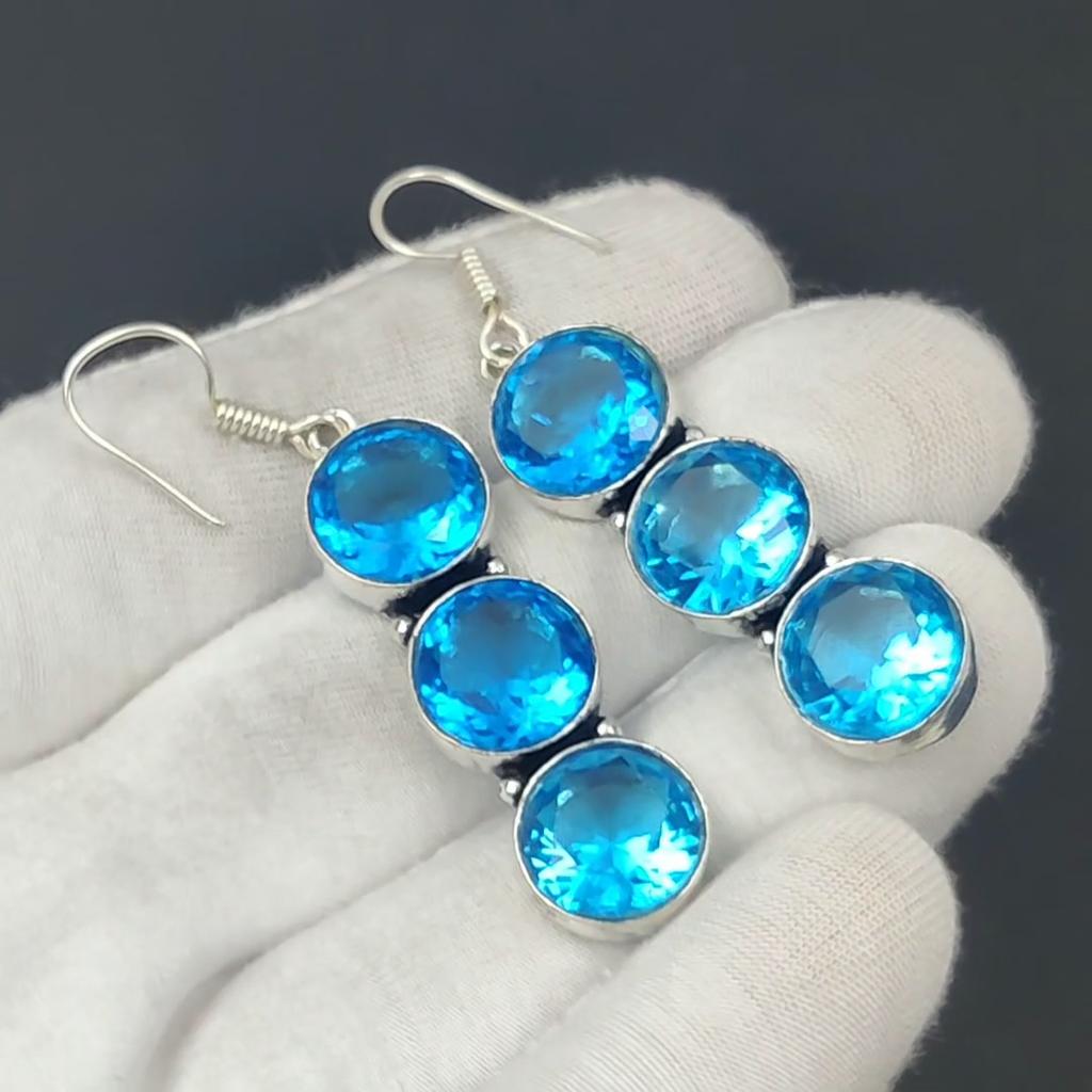 Серьги с драгоценными камнями с голубым топазом, ювелирные серьги ручной работы из стерлингового серебра 925 пробы, кристаллы топаза, серьги для женщин, серьги с голубым топазом для нее