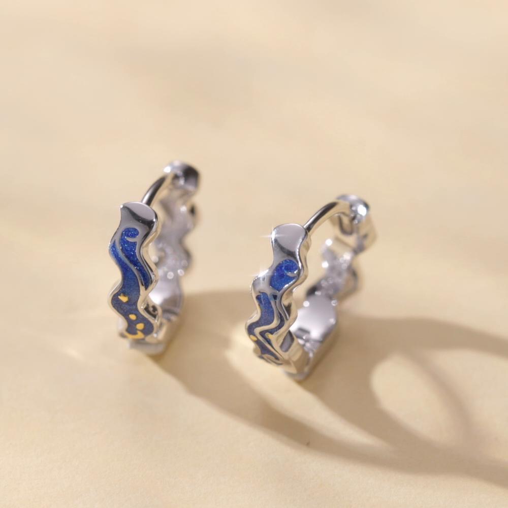 BAMOER стерлингового серебра 925 пробы, серьги-кольца с звездным небом Ван Гога, синяя эмаль, серьги-кольца для женщин, подарок на день рождения, ювелирные украшения