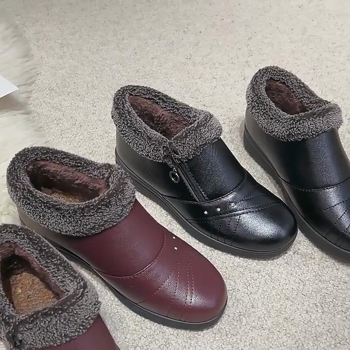Middle-aged and Elderly Women's Short Cotton Boots Winter Warm Fleece Lined Low-top Mom Shoes Flat Non Slip Pu Leather Zipper Ankle Boots