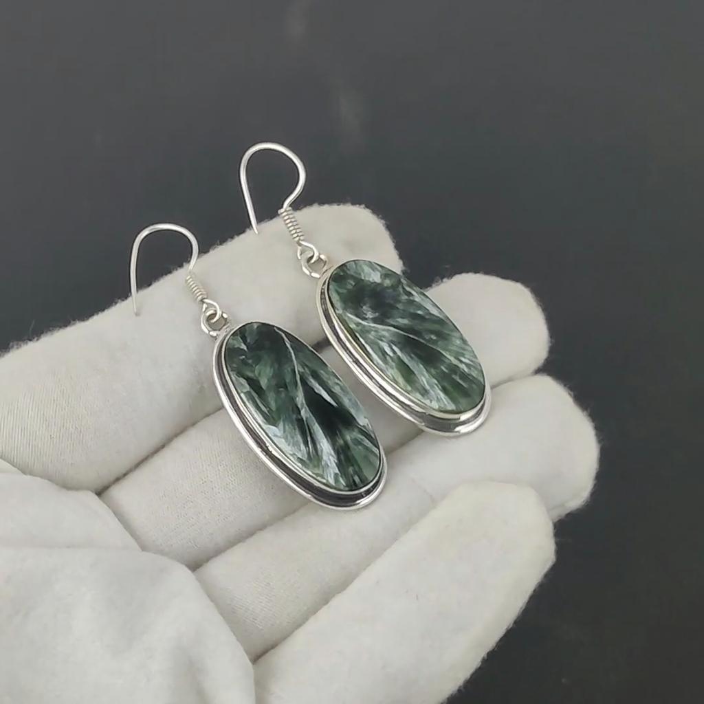 Серьги из натурального драгоценного камня серафинит, старинные серьги из стерлингового серебра 925 пробы, серьги-подвески из серебра в стиле бохо, подарки для женщин, подарки для нее