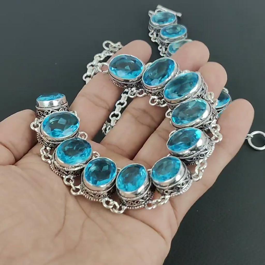 Красивый голубой топаз драгоценный камень ручной работы 925 пробы стерлингового серебра ювелирные изделия голубой топаз ожерелье браслет комплект, антикварный ювелирный комплект, браслет для мамы подарок