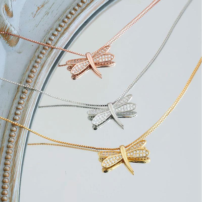 ANENJERY Zircon Dragonfly Necklace Ladies Elegant Clavicle Chain Korea Fashion Jewelry Gift