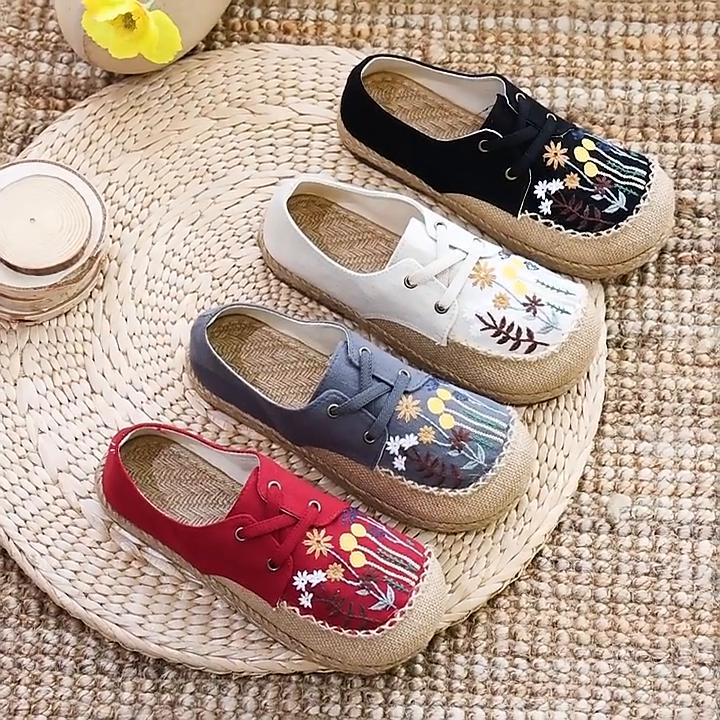 Johnature Flats Women Shoes Embroider Retro Lace-up Round Toe Cotton Linen Handmade Concise Comfortable Ladies Shoes