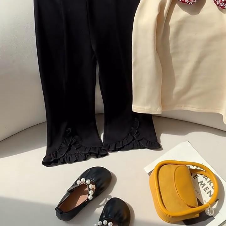 Черные универсальные свободные и повседневные брюки для маленьких девочек, детские милые брюки с эластичной резинкой на талии, брюки с рюшами