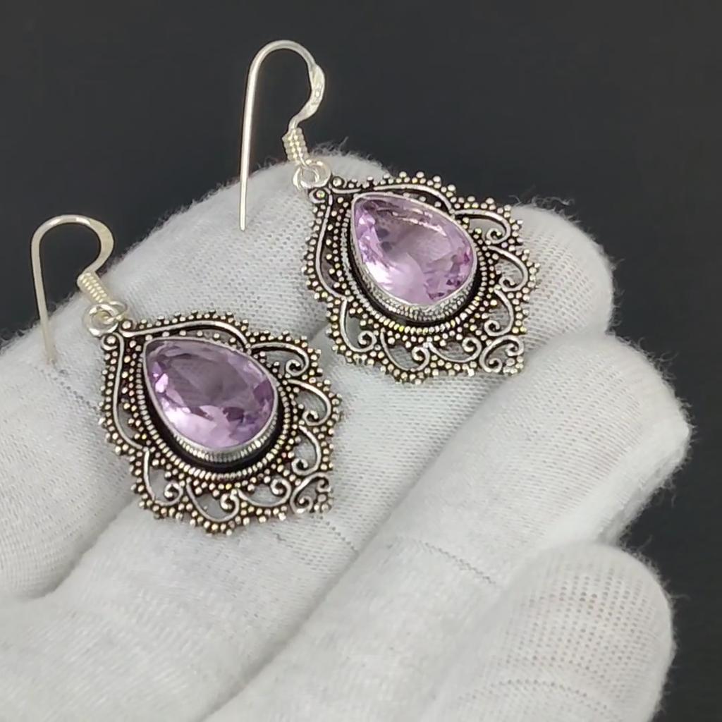 Серьги с розовым кунцитом, серьги с драгоценными камнями, старинные серебряные серьги с розовым кунцитом, ювелирные изделия из цельного серебра 925 пробы, серьги с драгоценными камнями для нее