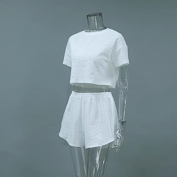 Elegant Women's Sets Spring And Summer Sports And Casual Suit Women Solid Colour Hollow Open Fork Dew Neck Short Two Piece Set