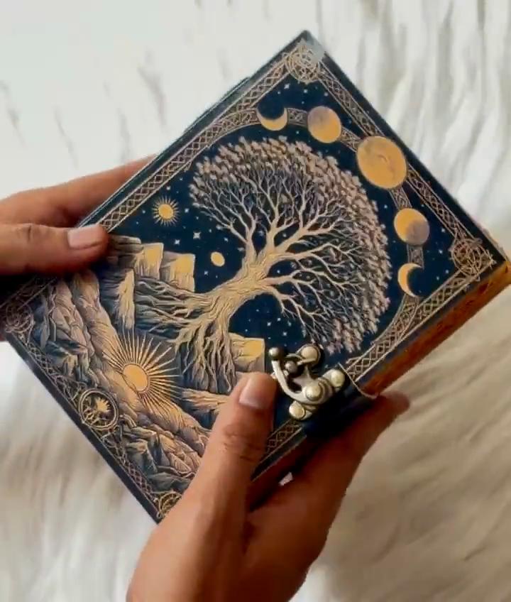 Celestial Tree of Life Journal Vintage Lock Diary with Moon Phases | Handmade Spellbook, Grimoire, Witchcraft Notebook, Book of Shadows