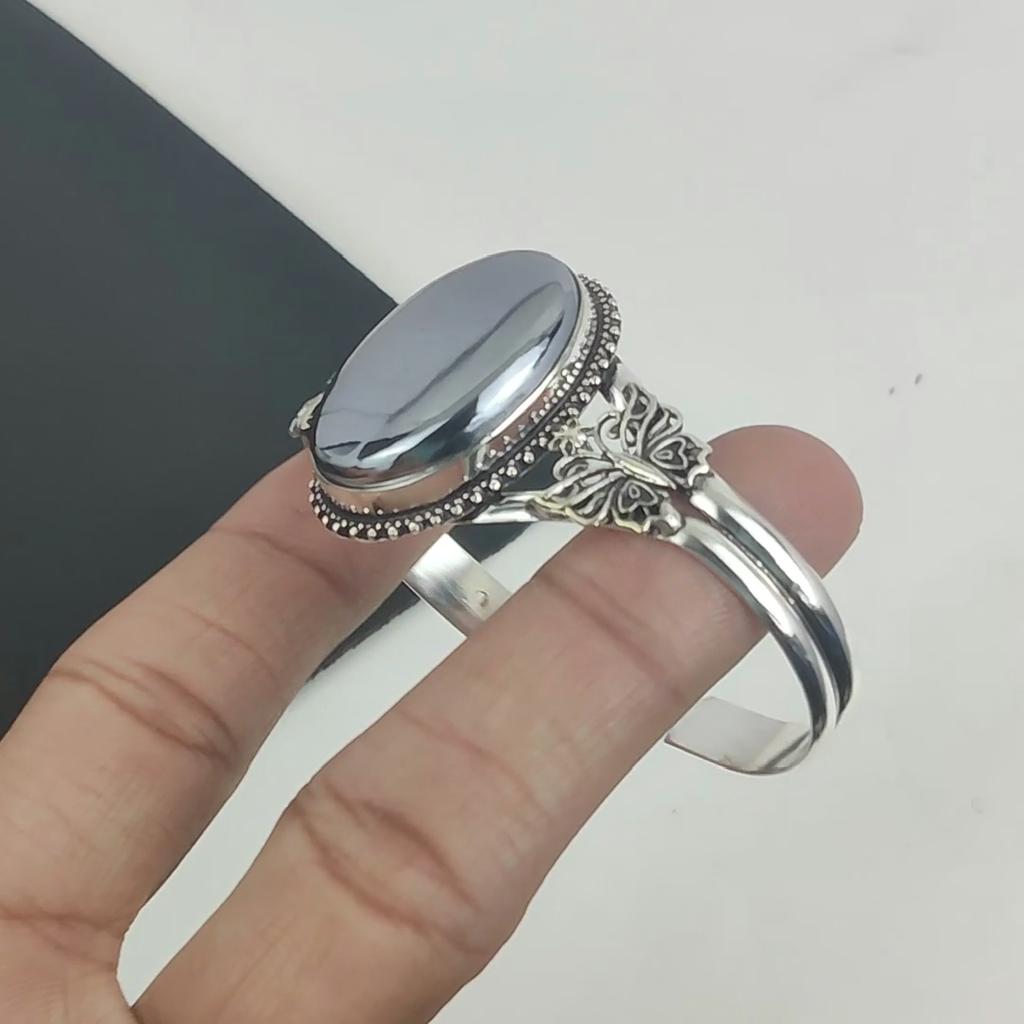 Natural Shungite Gemstone Handmade 925 Sterling Silver Cuff Bangle, Shungite Bangle,For Wife, Unisex Bangle, Gifts For Engagement