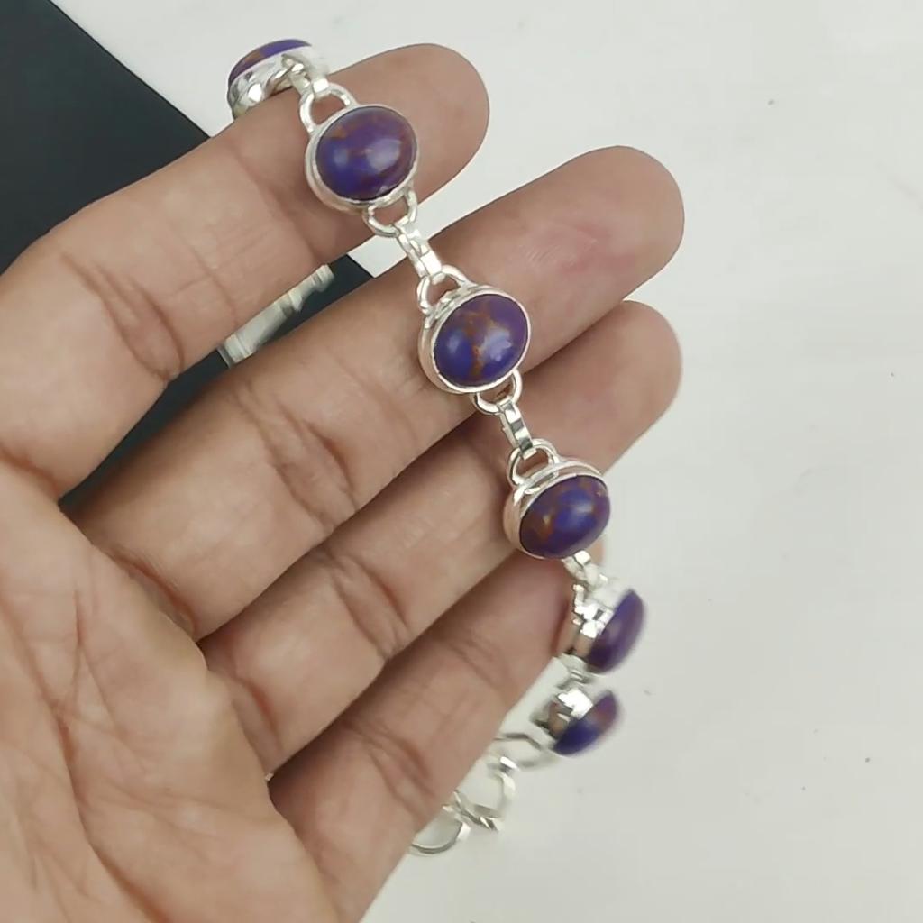 Браслет из фиолетового медно-бирюзового драгоценного камня ручной работы из стерлингового серебра 925 пробы, браслет из фиолетового медно-бирюзового камня для жены, браслет унисекс на День отца