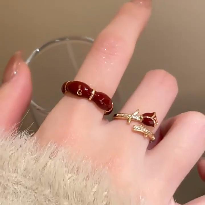 Кольцо бордового цвета с розовым цирконием для девочек 2024 года, новое белое кольцо на указательный палец, темпераментное многослойное регулируемое кольцо