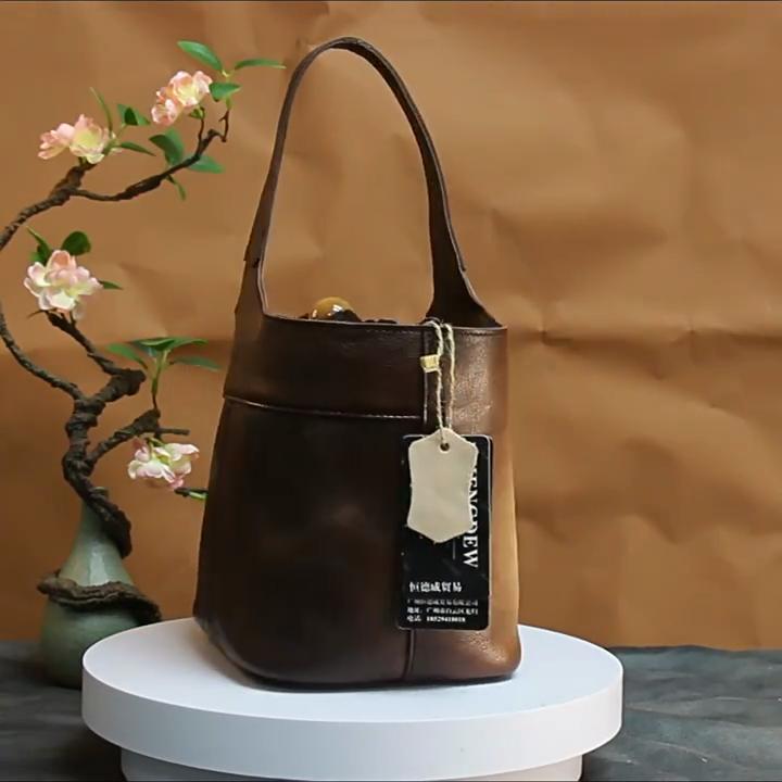 Johnature Сумка-ведро из натуральной кожи с принтом в стиле ретро ручной работы на шнурке, универсальная женская сумка
