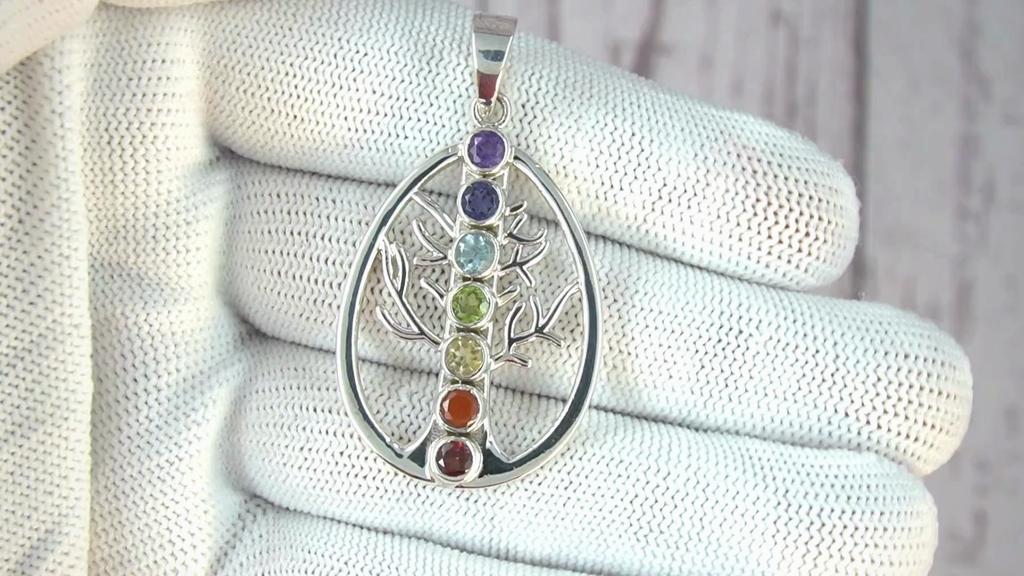 Подвеска-чакра, подвеска из серебра 92,5% с мультидрагоценными камнями, коллекция чакр, подвеска в форме дерева, исцеляющие украшения