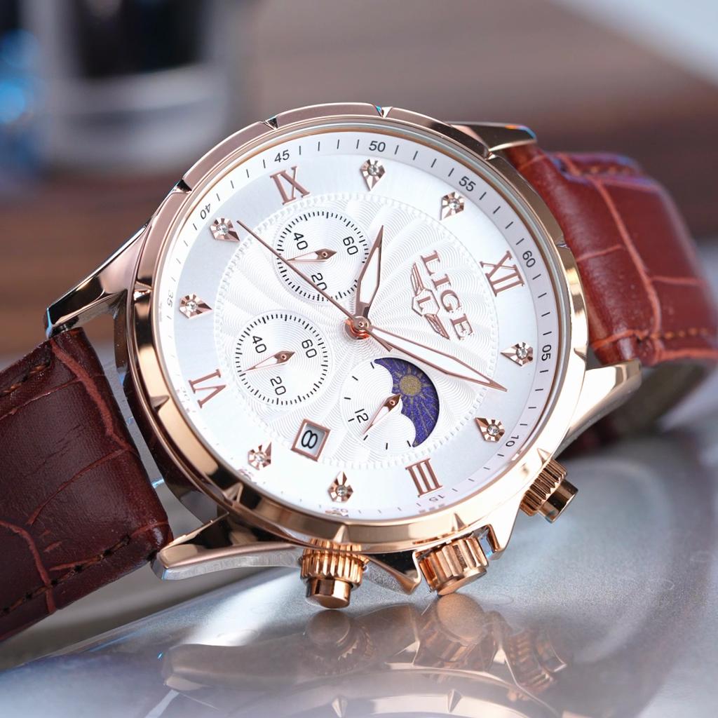 LIGE Men Watch Fashion Casual Luminous Waterproof Chronograph Leather Strap Quartz Watch