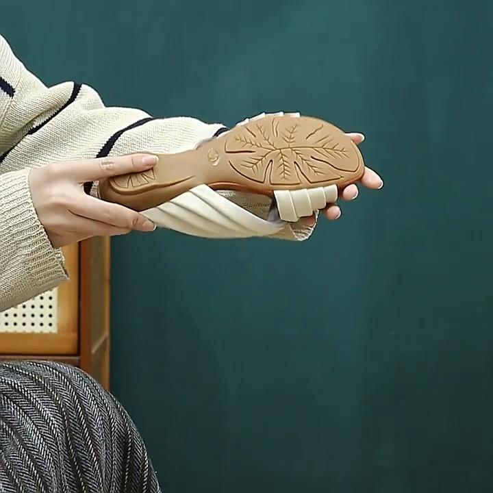 Johnature Peep Toe Bohemian Style Slippers Retro Lazy Style Genuine Leather Low Heel Women's Shoes