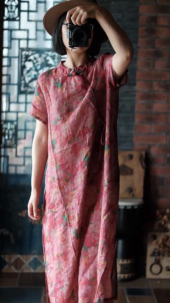 Johnature Summer Woman Vintage Style Linen Print Disc Buckle Dress V-Neck Chinese Style Short Sleeves Casual Dress