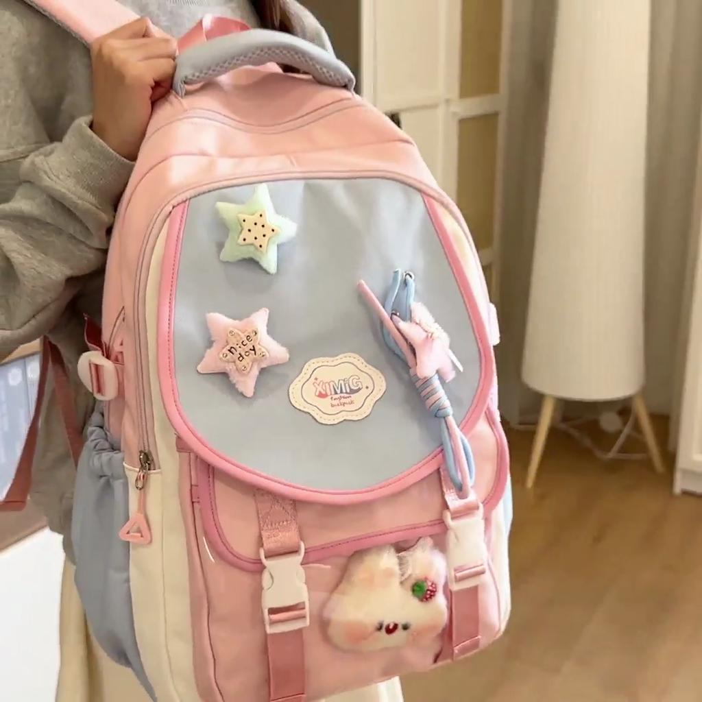 Junior High School Student Schoolbag Color Block Women's Large Capacity Backpack