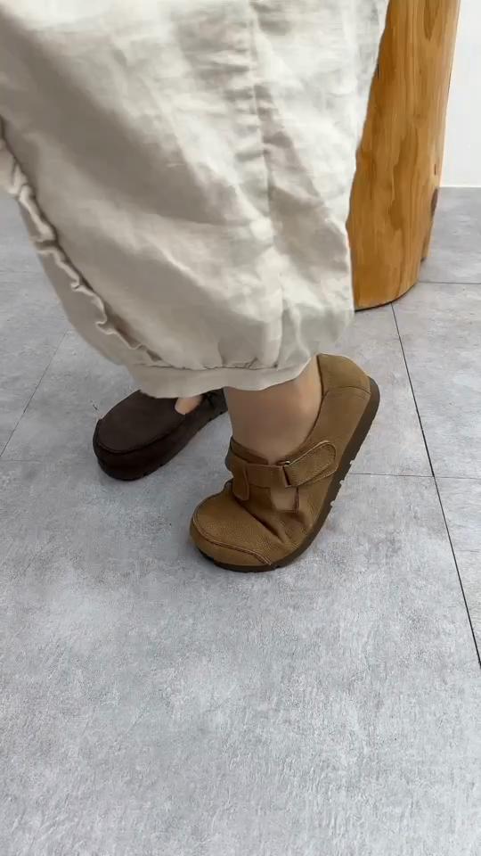 Johnature Genuine Leather Retro Handmade Round Toe Flat Shoes Casual Solid Color Versatile Women's Shoes