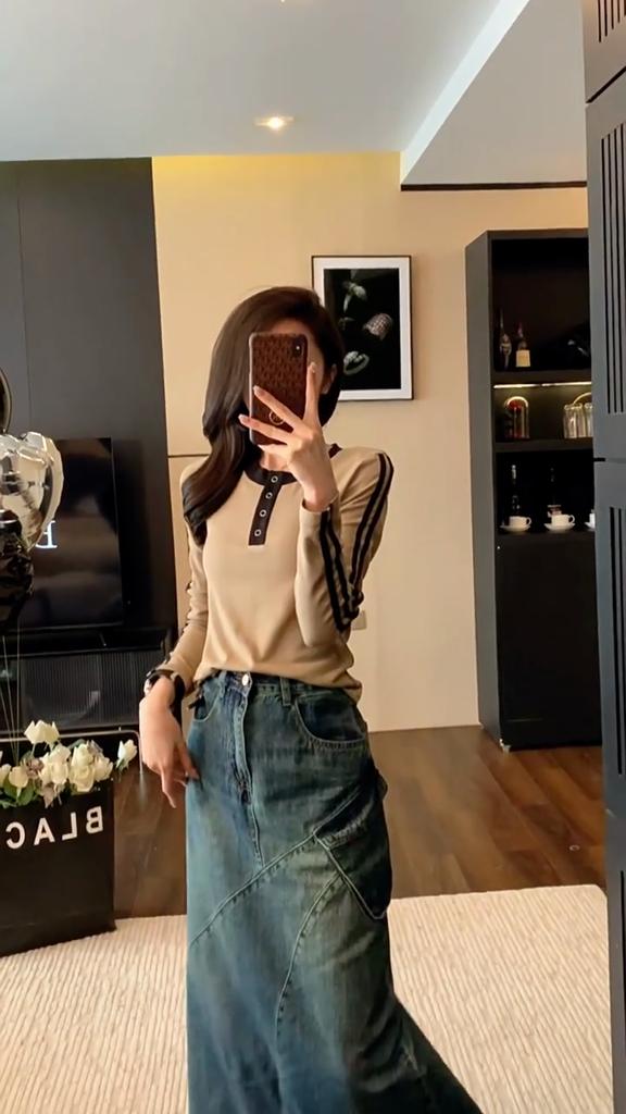 Весенне-летняя женская джинсовая юбка. Открытая джинсовая юбка до половины тела. Тонкая юбка с высокой талией. Мясное грушевидное боди в длинной юбке А-силуэта.