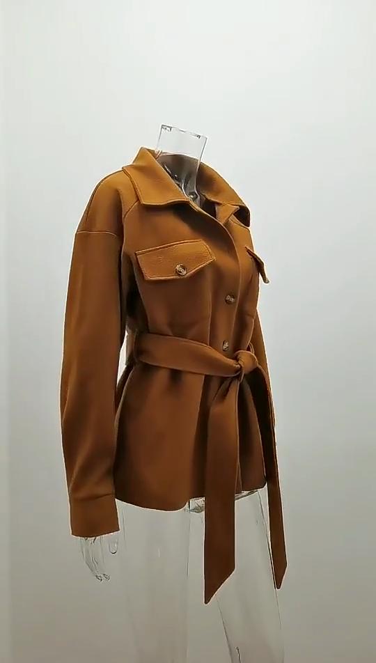 Autumn and Winter Women's Long-sleeved Temperament Solid Colour Lapel Button Tie Tweed Jacket